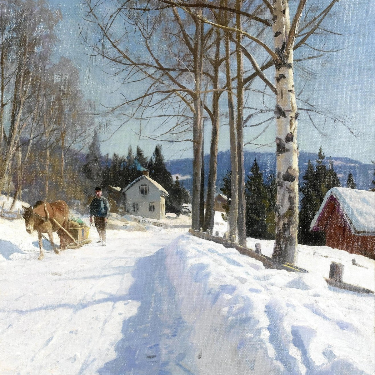 Winter Village Road, Birch Trees – Hand - Painted Landscape Oil Painting - Oil Painting Haven