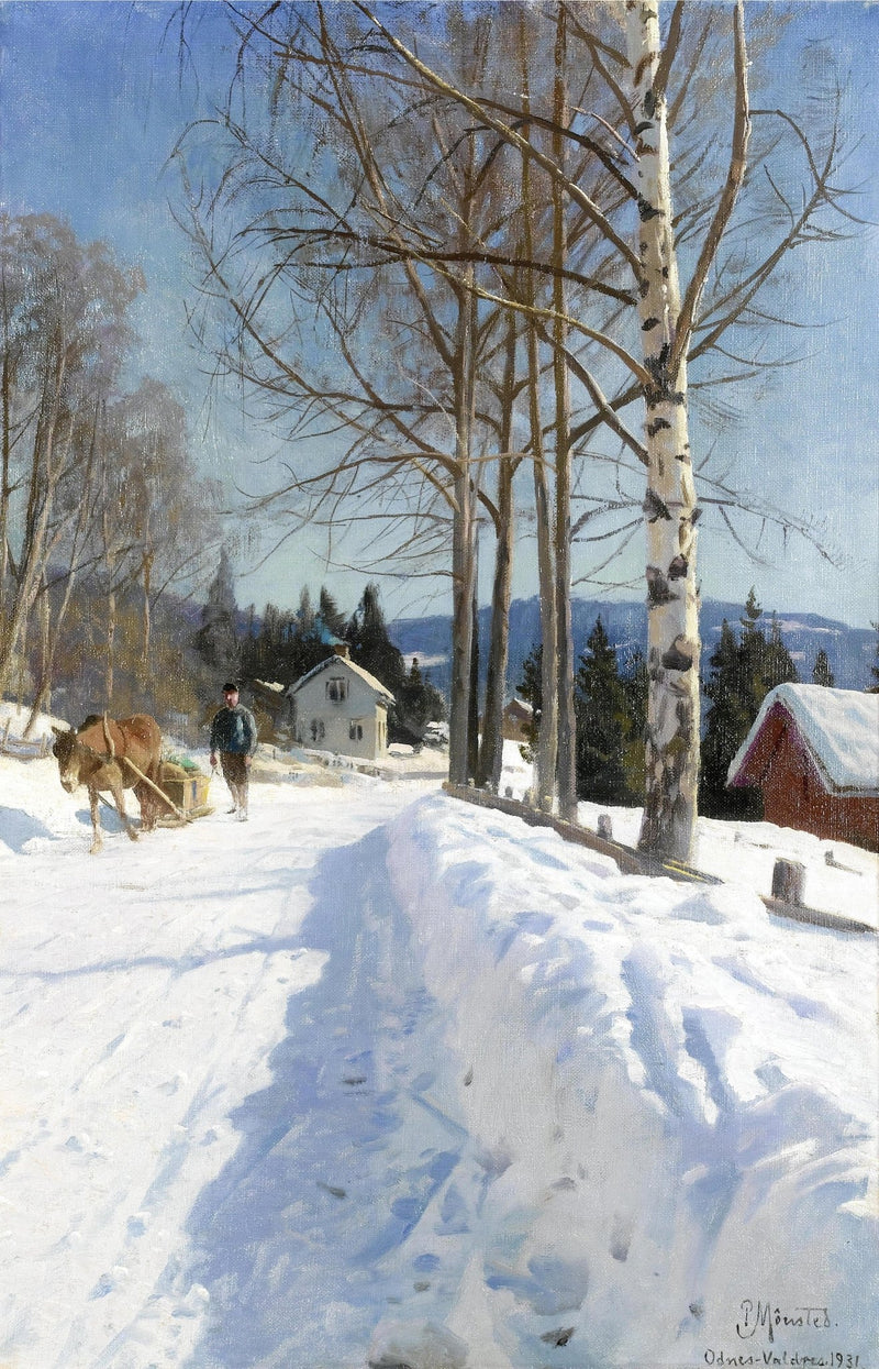 Winter Village Road, Birch Trees – Hand - Painted Landscape Oil Painting - Oil Painting Haven