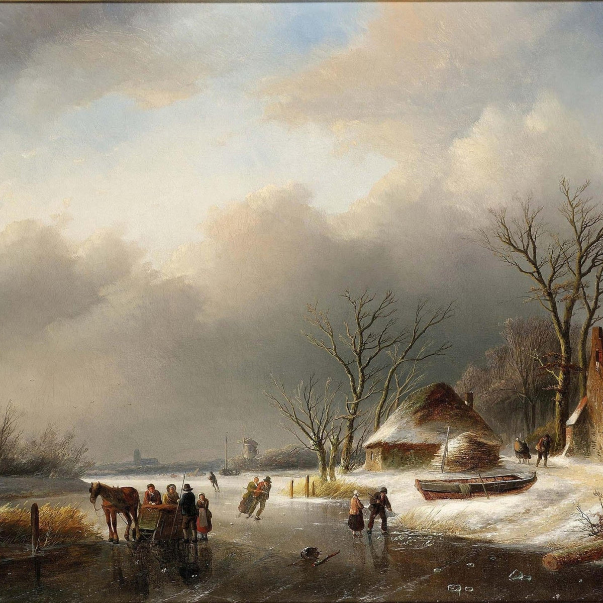Winter Village Scene with Figures – Hand - Painted Landscape Oil Painting - Oil Painting Haven
