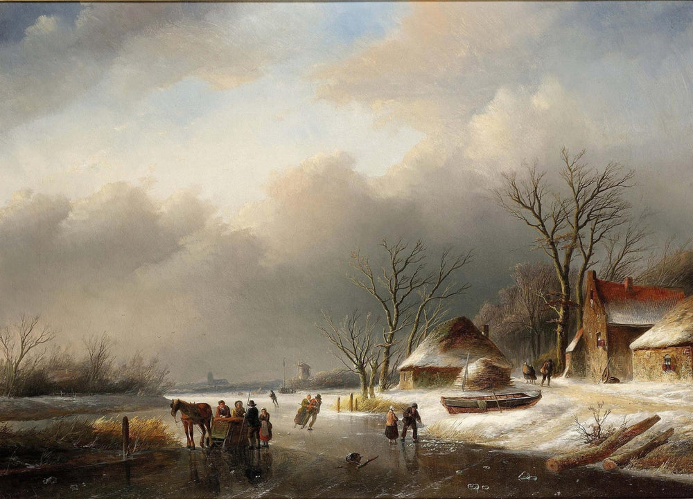Peinture à l'huile de paysage - Scène de village hivernal avec personnages