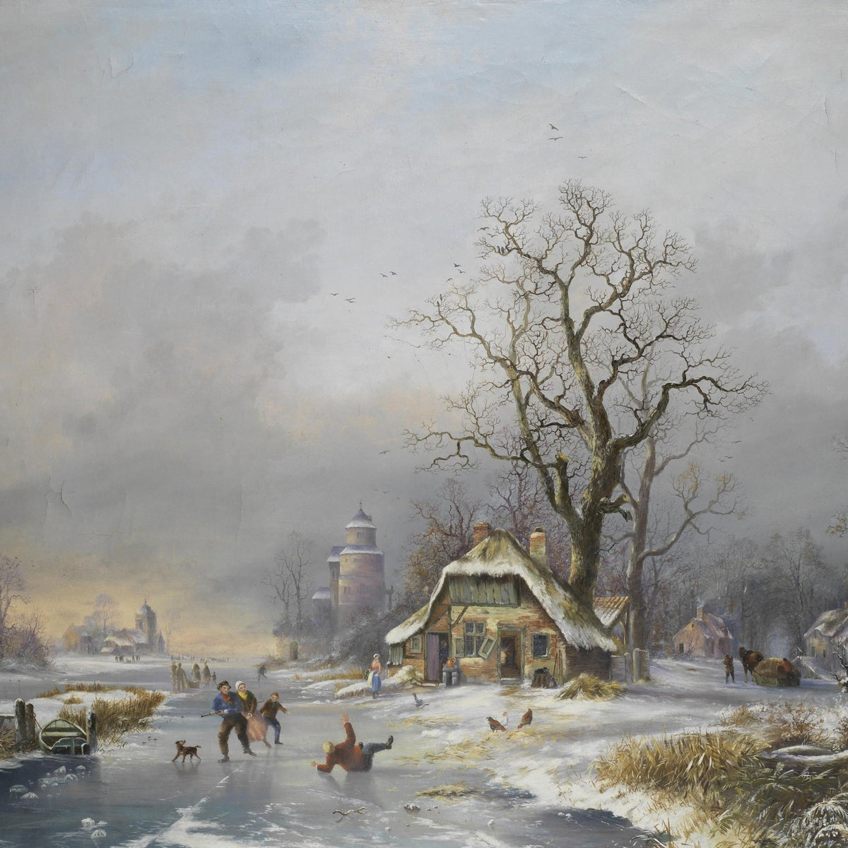 Winter Village Scene with Figures on Ice – Landscape Oil Painting - Oil Painting Haven