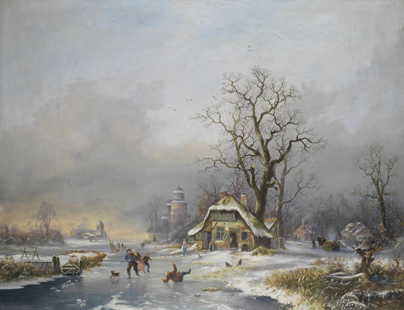 Winter Village Scene with Figures on Ice – Landscape Oil Painting - Oil Painting Haven