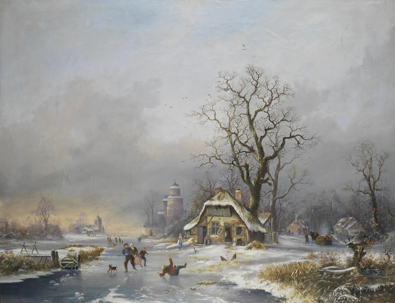 Winter Village Scene with Figures on Ice – Landscape Oil Painting - Oil Painting Haven