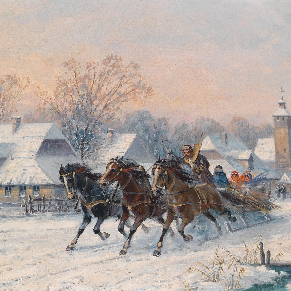 Winter Village Sleigh Ride with Horses - Landscape Oil Painting - Oil Painting Haven