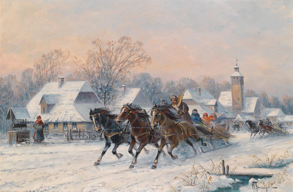 Winter Village Sleigh Ride with Horses - Landscape Oil Painting - Oil Painting Haven