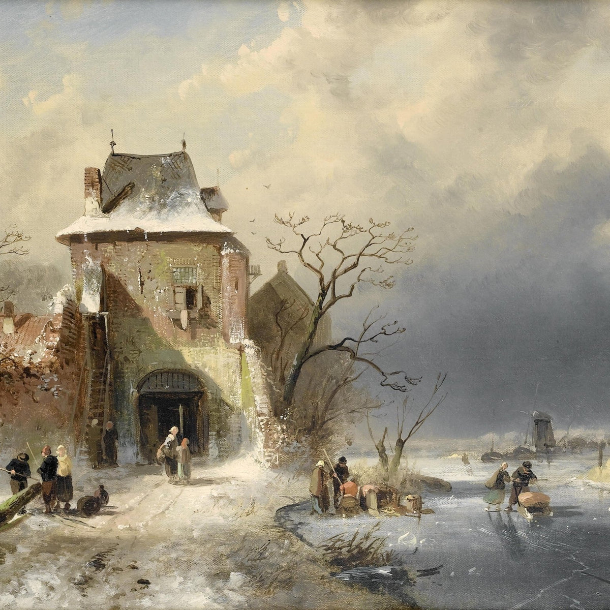 Winter Village Towe, Frozen River, Figures – Landscape Oil Painting - Oil Painting Haven