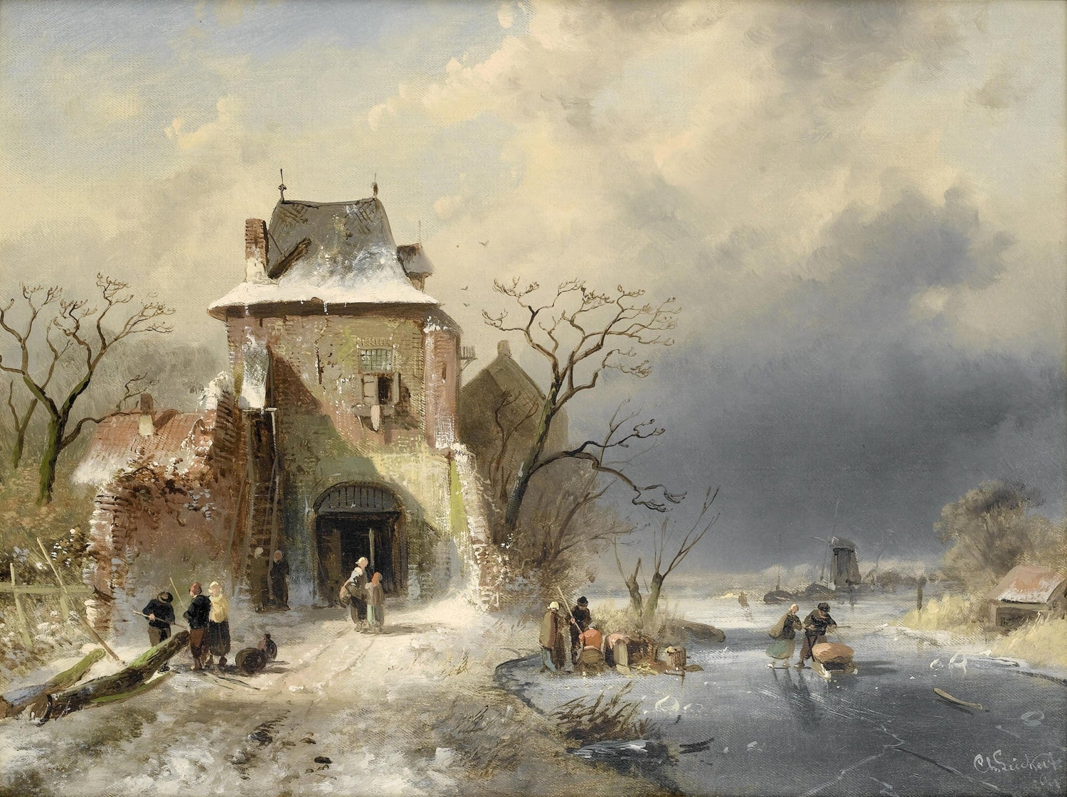 Winter Village Towe, Frozen River, Figures – Landscape Oil Painting - Oil Painting Haven