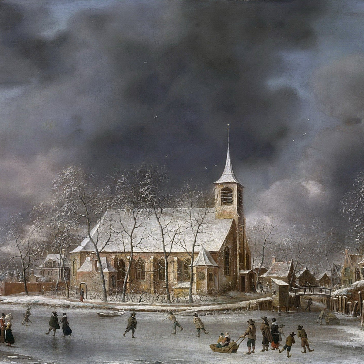 Hand-painted winter village with church and frozen canal landscape oil painting on canvas