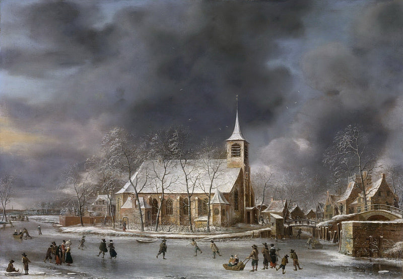 Hand-painted winter village with church and frozen canal landscape oil painting on canvas