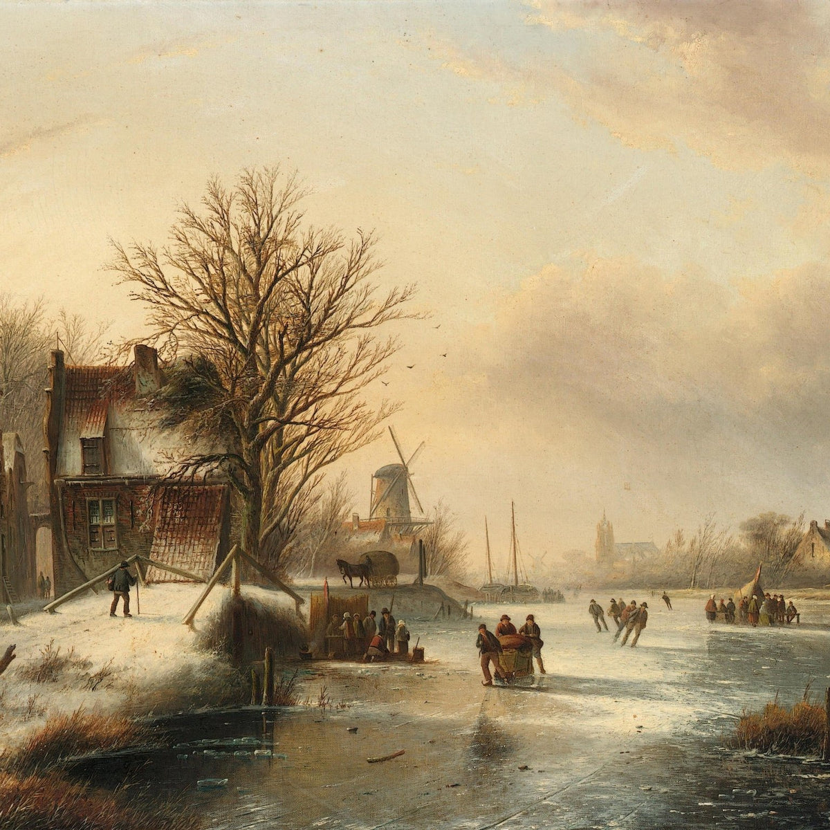 Winter Village with Frozen River and Skaters – Landscape Oil Painting - Oil Painting Haven