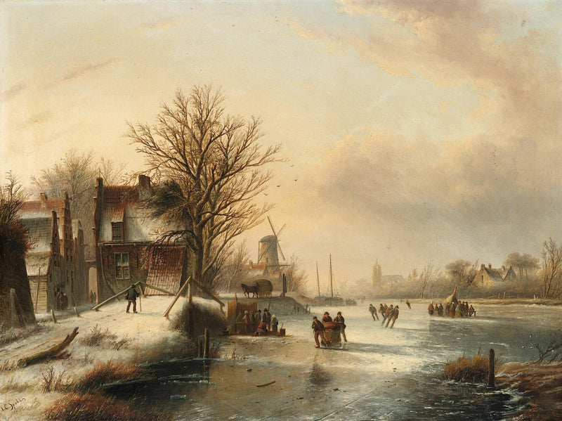 Winter Village with Frozen River and Skaters – Landscape Oil Painting - Oil Painting Haven