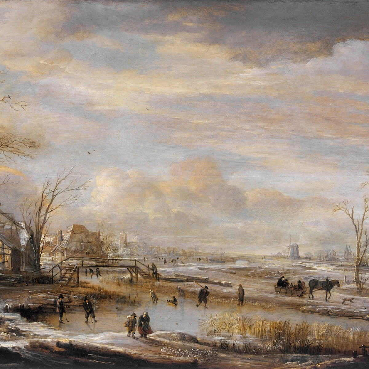 Hand-painted winter village with frozen river scene landscape oil painting on canvas