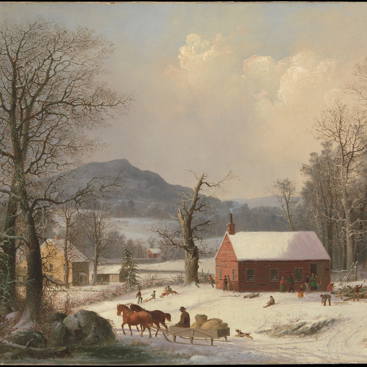 Winter Village with Red Schoolhouse - Landscape Oil Painting - Oil Painting Haven