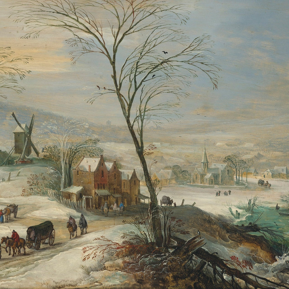 Winter Village with Windmill and River – Landscape Oil Painting - Oil Painting Haven