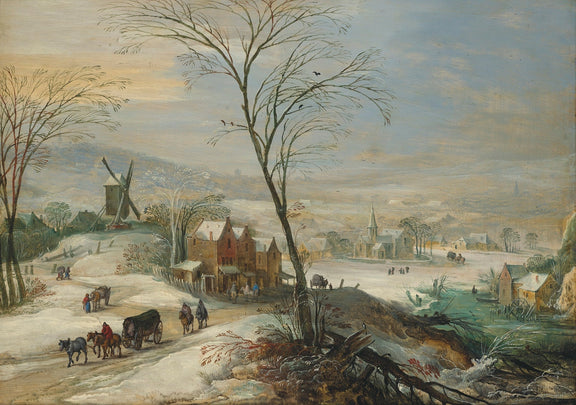 Winter Village with Windmill and River – Landscape Oil Painting - Oil Painting Haven