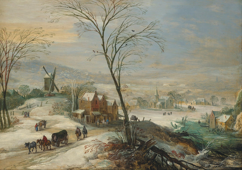 Winter Village with Windmill and River – Landscape Oil Painting - Oil Painting Haven