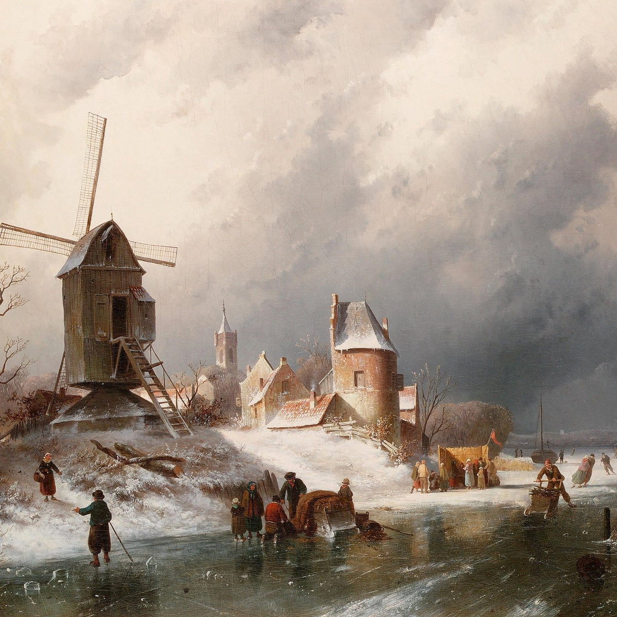 Winter Village with Windmill, Ice Skaters – Hand - Painted Oil Painting - Oil Painting Haven