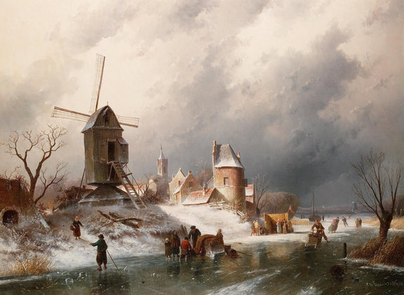 Winter Village with Windmill, Ice Skaters – Hand - Painted Oil Painting - Oil Painting Haven