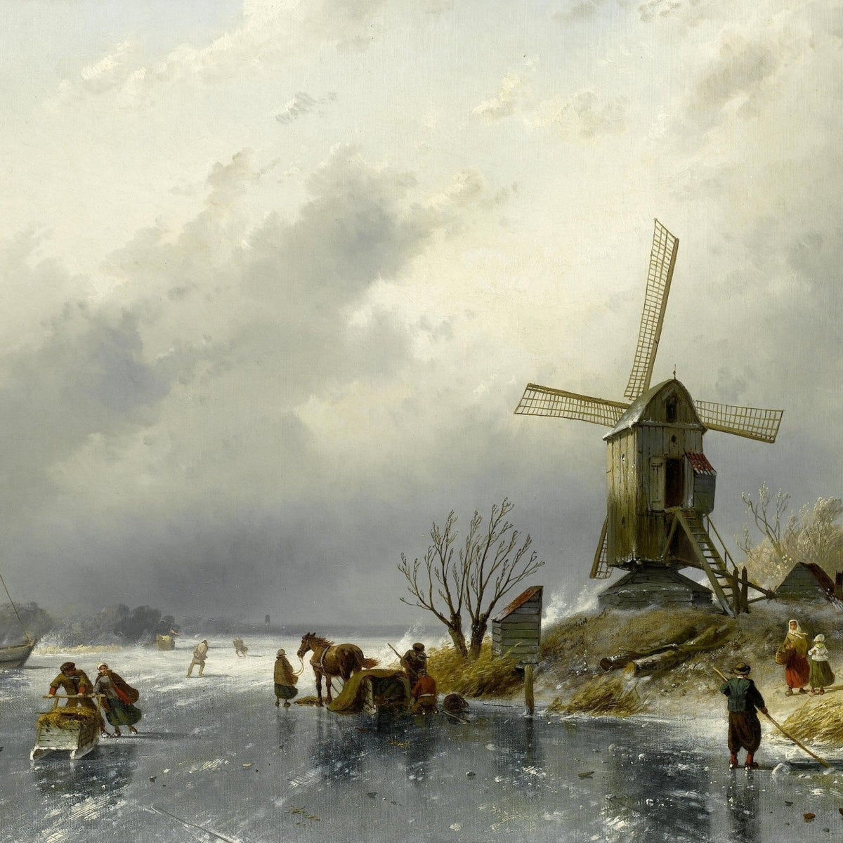 Winter Windmill by a Frozen Canal – Hand - Painted Landscape Oil Painting - Oil Painting Haven