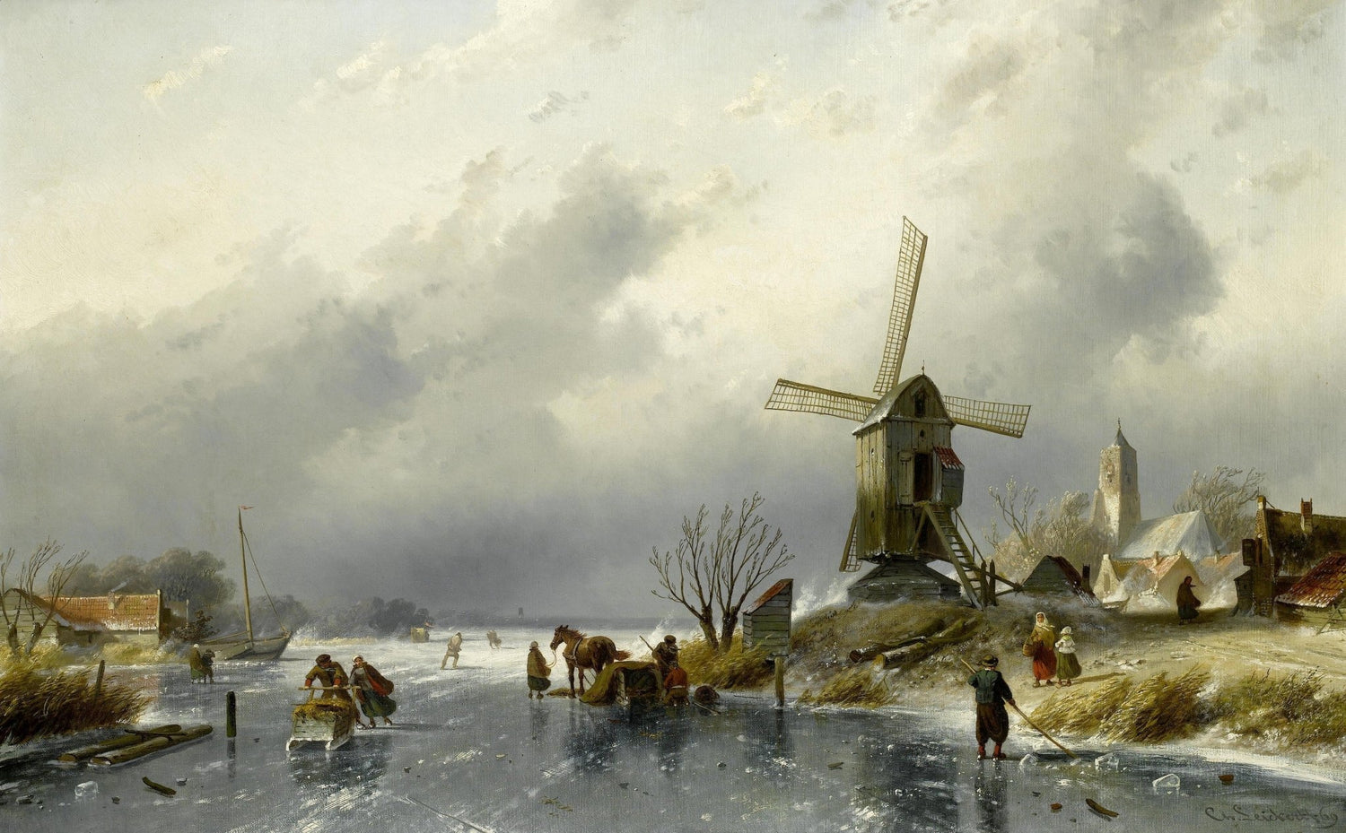 Winter Windmill by a Frozen Canal – Hand - Painted Landscape Oil Painting - Oil Painting Haven