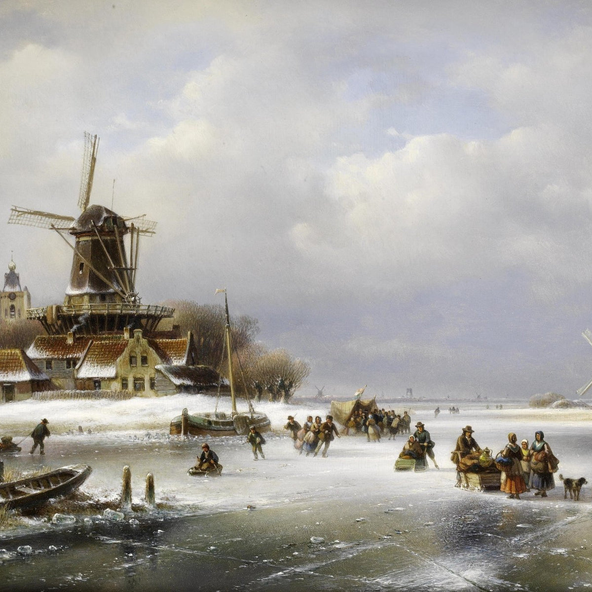 Winter Windmills on Frozen Canal – Hand - Painted Landscape Oil Painting - Oil Painting Haven