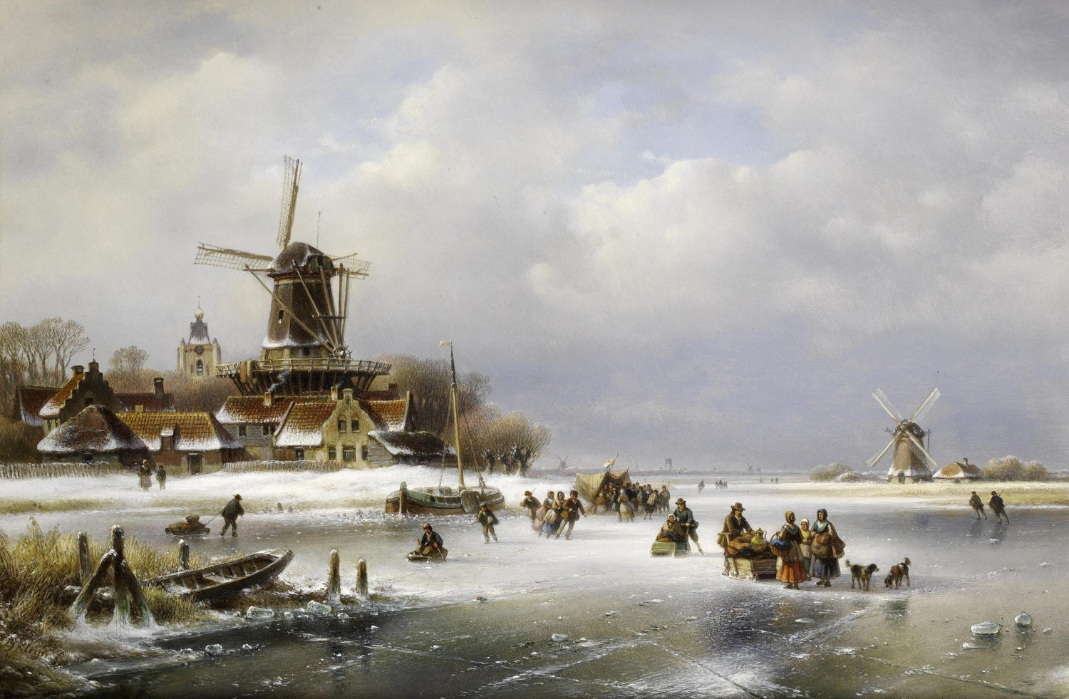 Winter Windmills on Frozen Canal – Hand - Painted Landscape Oil Painting - Oil Painting Haven