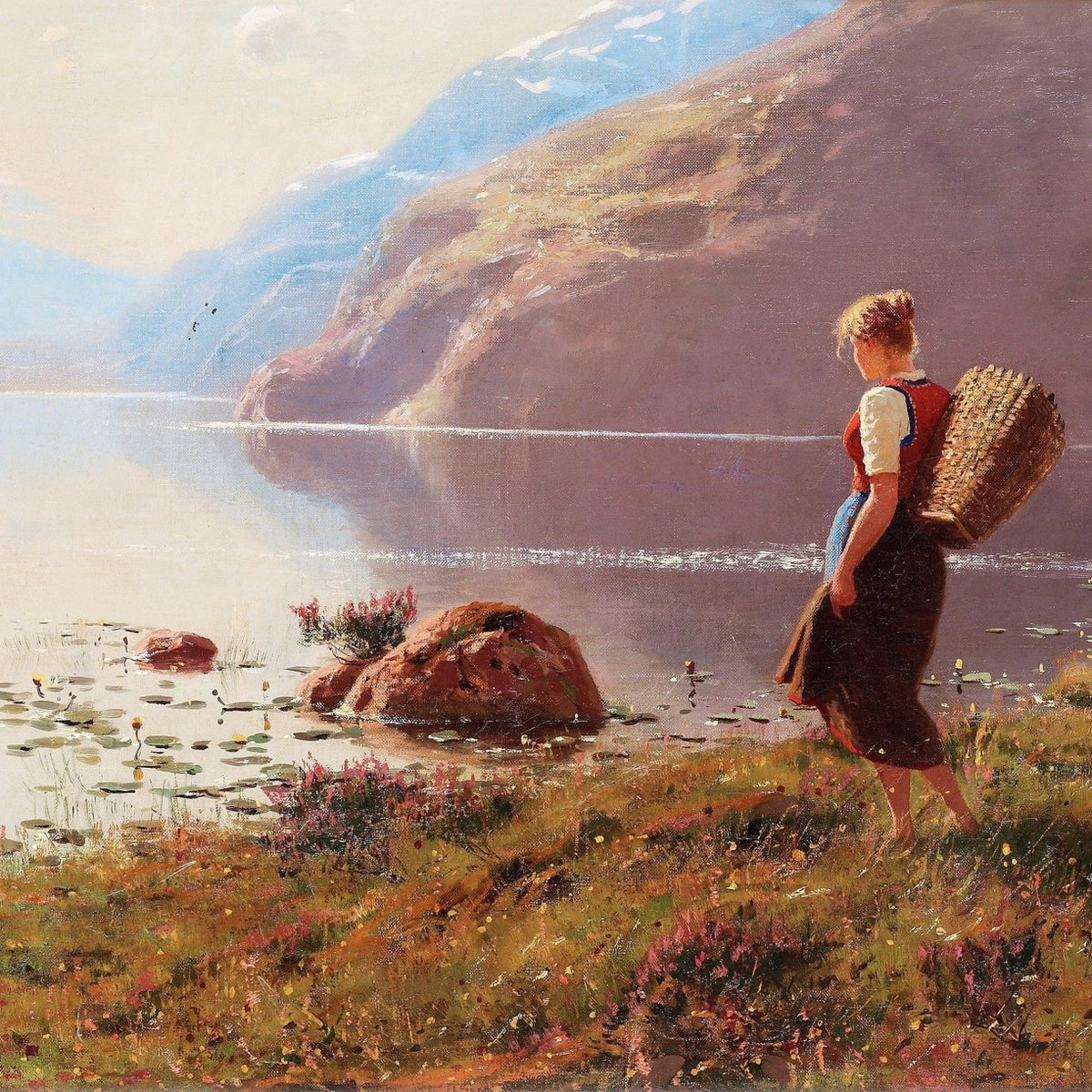Woman by a Mountain Lake at Dawn – Hand - Painted Landscape Oil Painting - Oil Painting Haven
