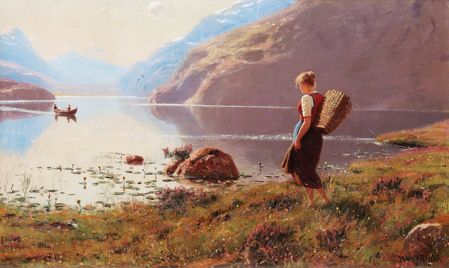 Woman by a Mountain Lake at Dawn – Hand - Painted Landscape Oil Painting - Oil Painting Haven