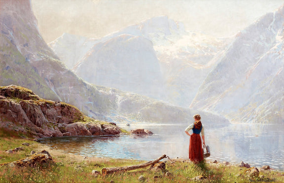 Woman by a Mountain Lake in Soft Light – Landscape Oil Painting - Oil Painting Haven