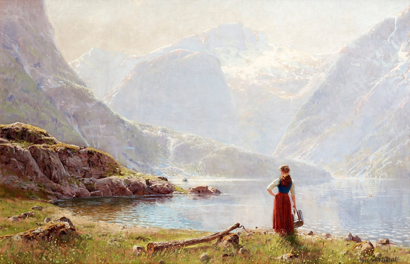 Woman by a Mountain Lake in Soft Light – Landscape Oil Painting - Oil Painting Haven