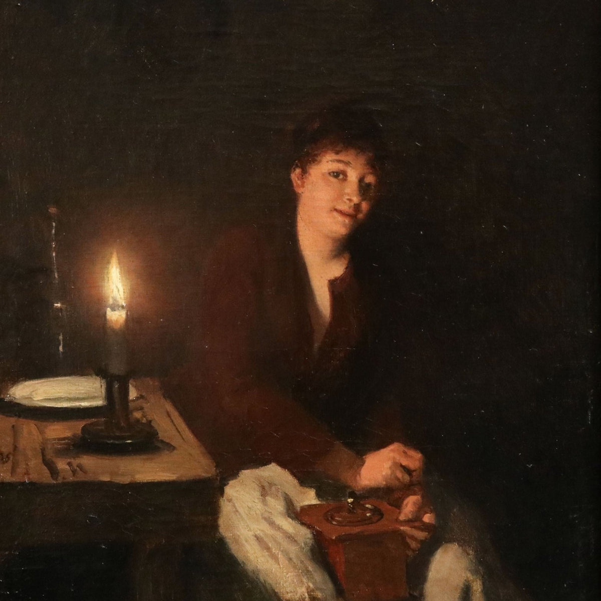 Woman by Candlelight with Coffee Grinder - People Oil Painting - Oil Painting Haven