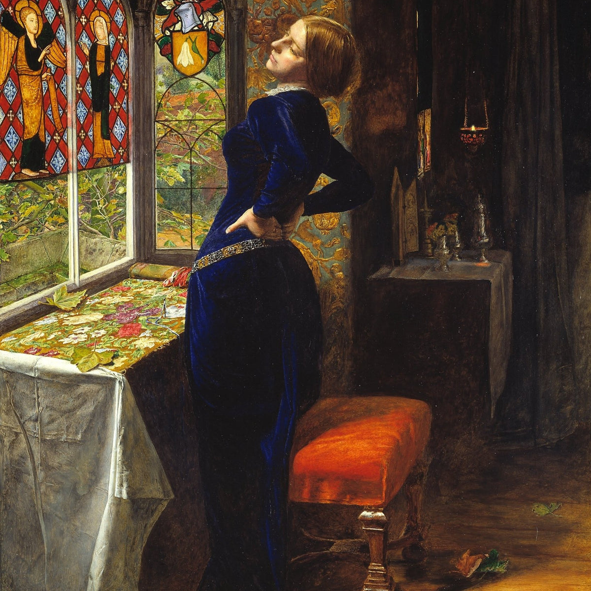 Woman in Blue Dress by Stained Glass Window - People Oil Painting - Oil Painting Haven