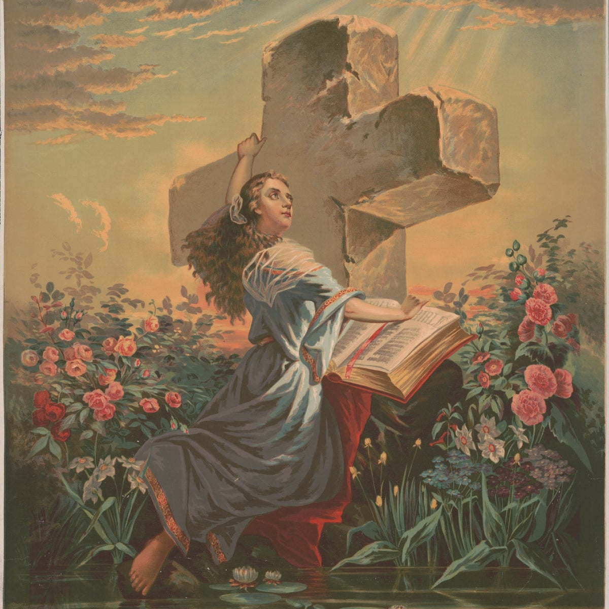 Woman Reading Bible Before Stone Cross - People Oil Painting - Oil Painting Haven