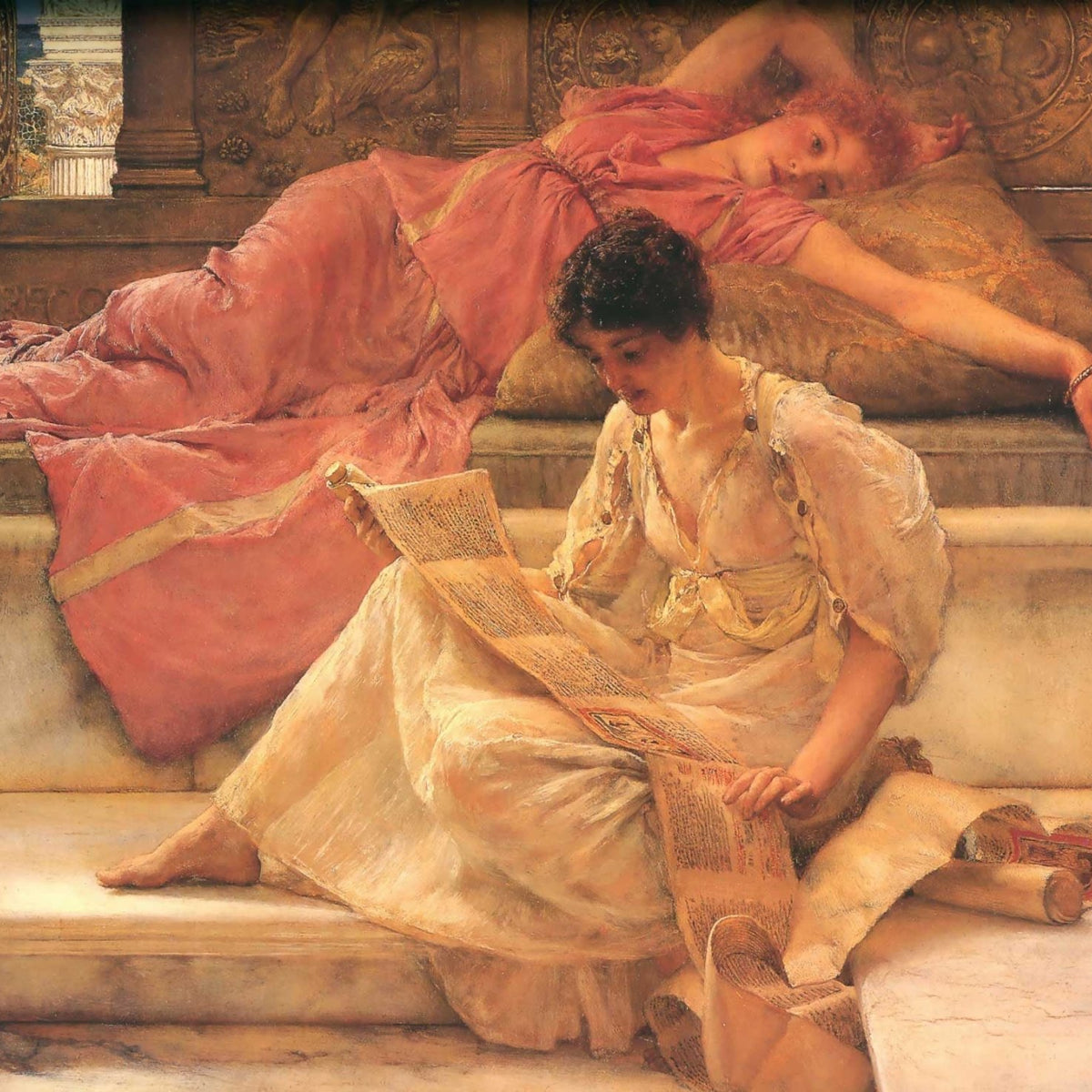 Women Reading Scroll in Classical Interior - People Oil Painting - Oil Painting Haven