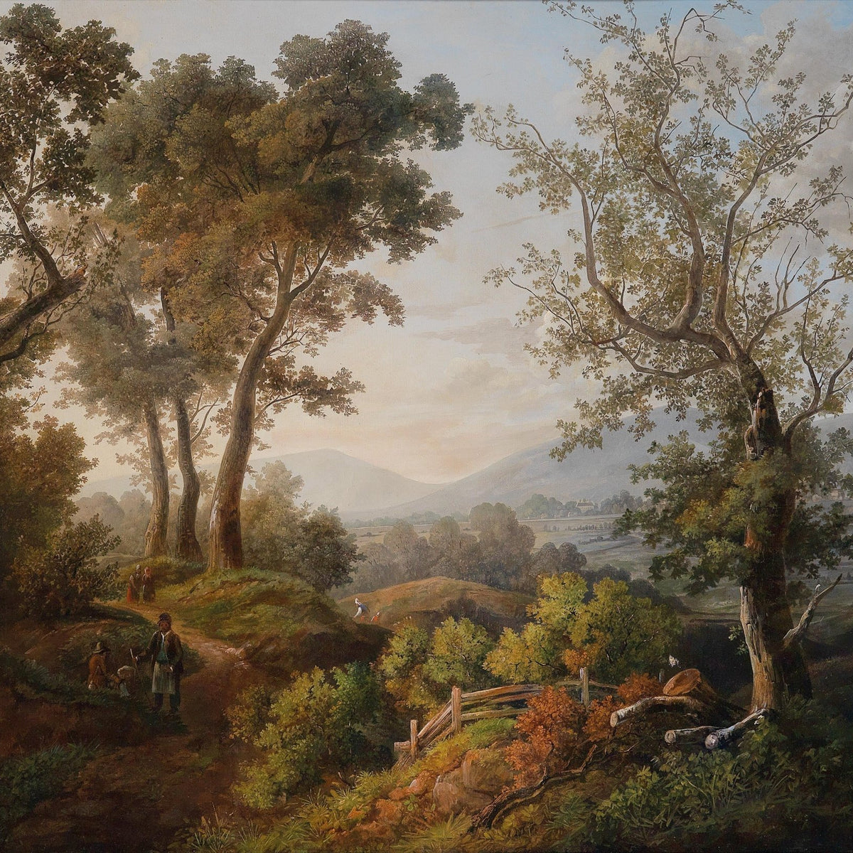 Wooded Hillside, Distant Valley, Figures – Landscape Oil Painting - Oil Painting Haven