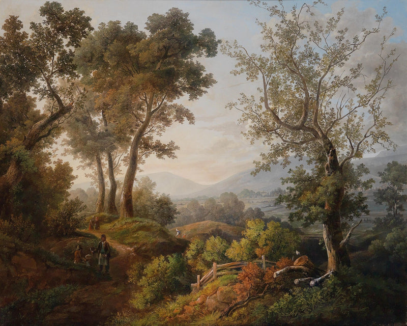 Wooded Hillside, Distant Valley, Figures – Landscape Oil Painting - Oil Painting Haven