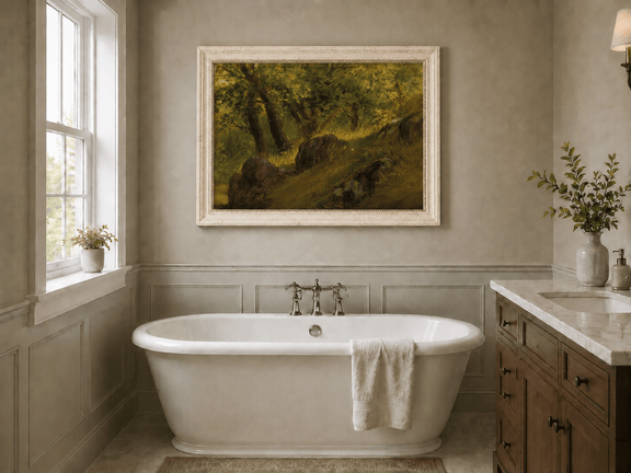 Framed hand-painted wooded hillside oil painting with mossy rocks and sunlit trees displayed above a freestanding bathtub.