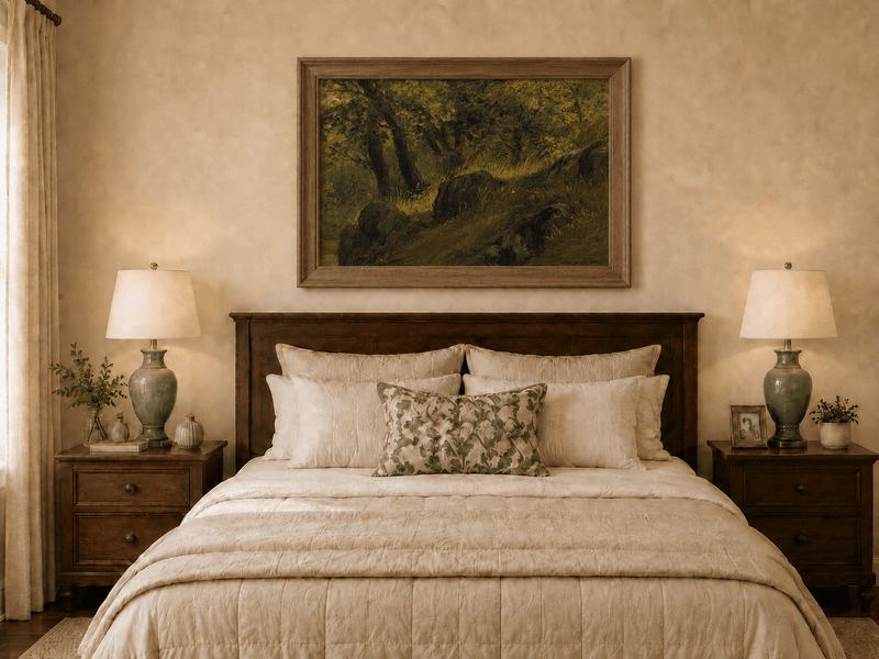 Framed hand-painted wooded hillside oil painting with mossy rocks and sunlit trees displayed above a wooden bed in a neutral bedroom.