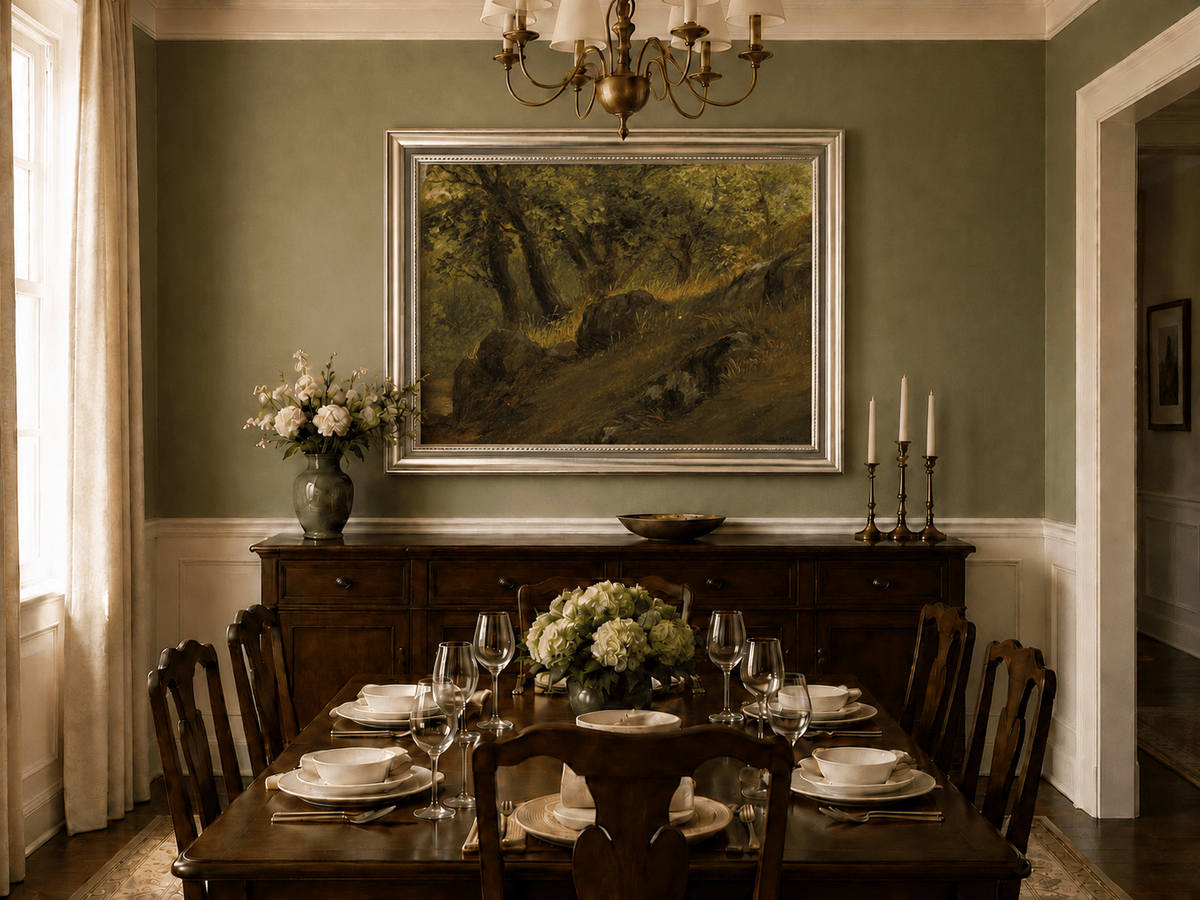 Framed hand-painted wooded hillside oil painting with mossy rocks and sunlit trees displayed above a formal dining table.