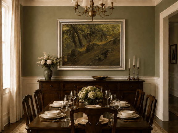 Framed hand-painted wooded hillside oil painting with mossy rocks and sunlit trees displayed above a formal dining table.