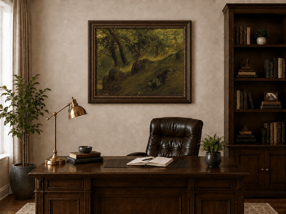 Framed hand-painted wooded hillside oil painting with mossy rocks and sunlit trees displayed above a traditional home office desk.