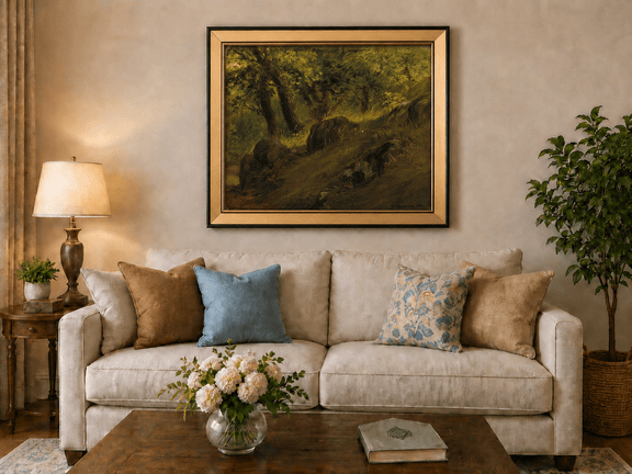 Framed hand-painted wooded hillside oil painting with mossy rocks and sunlit trees displayed above a neutral living room sofa.