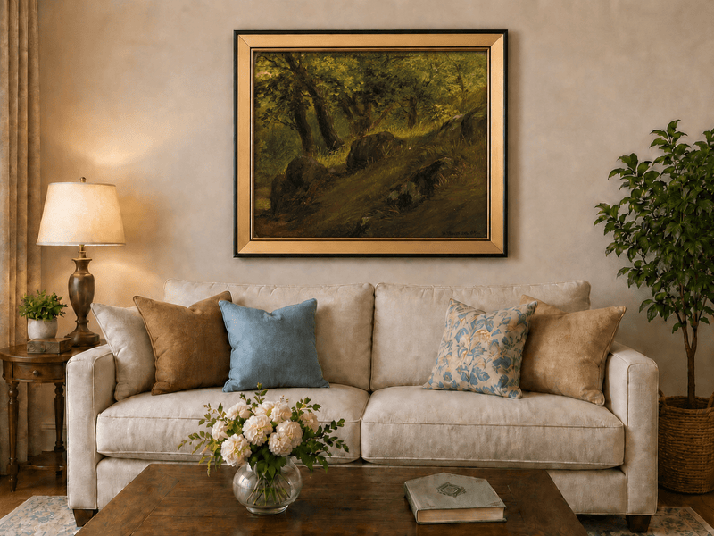 Framed hand-painted wooded hillside oil painting with mossy rocks and sunlit trees displayed above a neutral living room sofa.