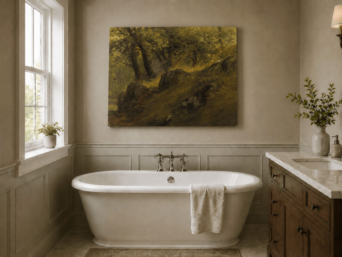 Unframed hand-painted wooded hillside oil painting with mossy rocks and sunlit trees displayed above a freestanding bathtub.