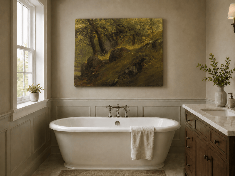 Unframed hand-painted wooded hillside oil painting with mossy rocks and sunlit trees displayed above a freestanding bathtub.