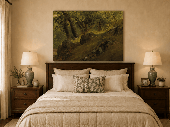 Unframed hand-painted wooded hillside oil painting with mossy rocks and sunlit trees displayed above a wooden bed in a neutral bedroom.