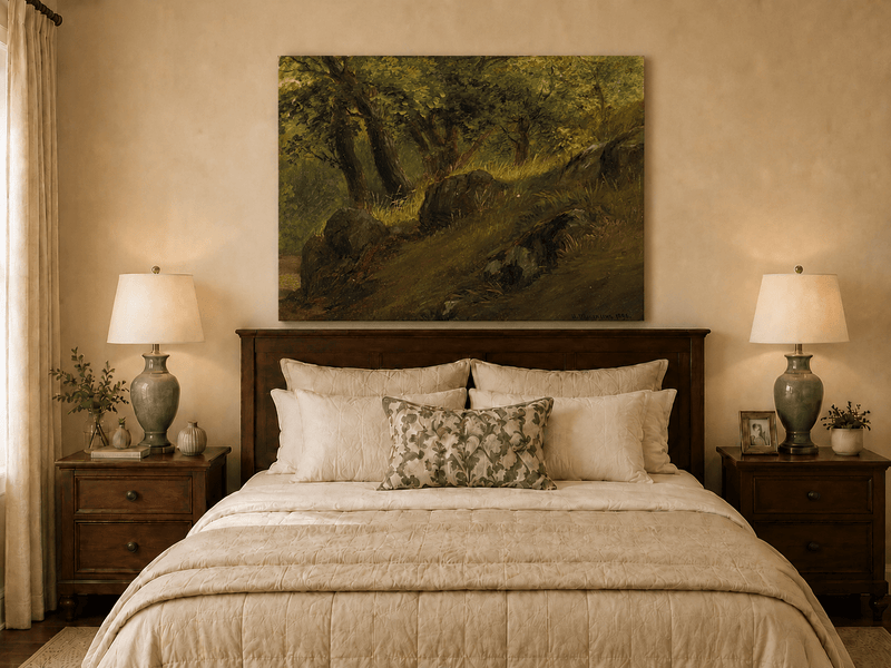 Unframed hand-painted wooded hillside oil painting with mossy rocks and sunlit trees displayed above a wooden bed in a neutral bedroom.