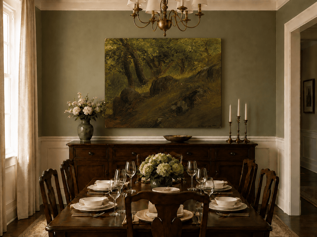 Unframed hand-painted wooded hillside oil painting with mossy rocks and sunlit trees displayed above a formal dining table.