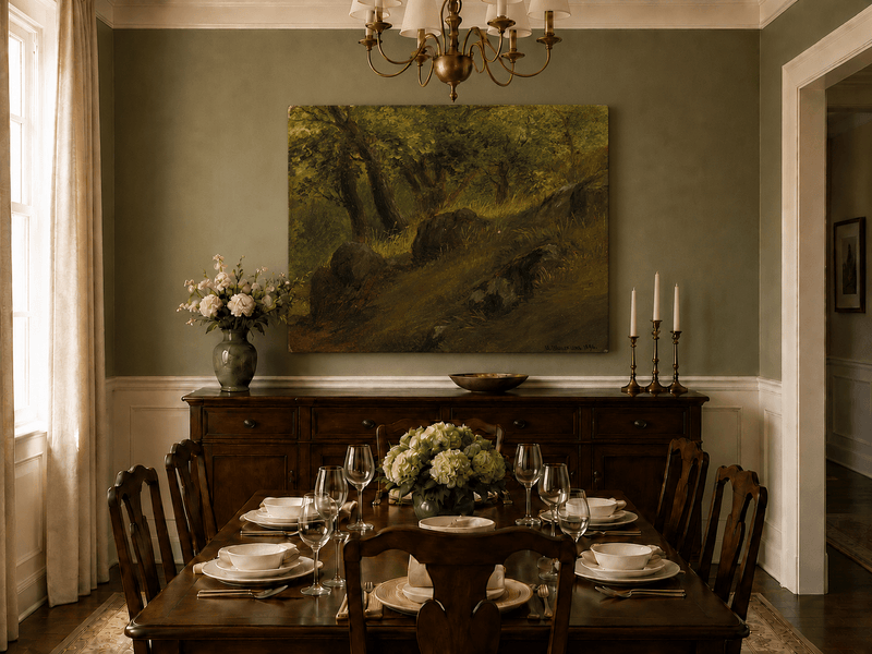 Unframed hand-painted wooded hillside oil painting with mossy rocks and sunlit trees displayed above a formal dining table.
