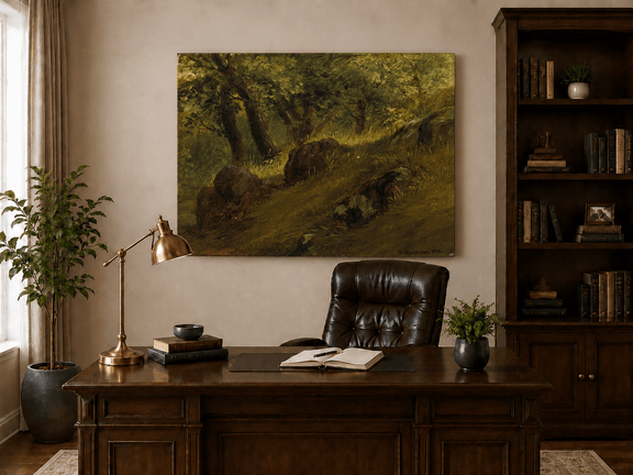 Unframed hand-painted wooded hillside oil painting with mossy rocks and sunlit trees displayed above a traditional home office desk.